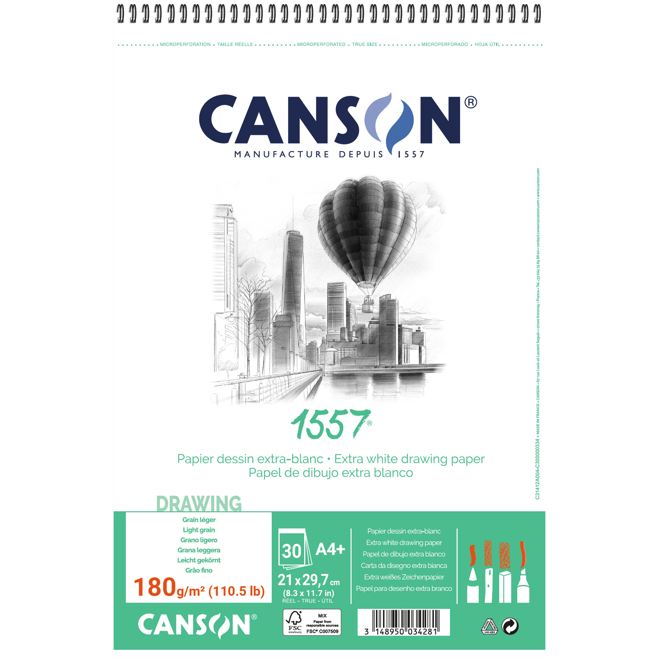 CANSON Papier à croquis A4 180g, blanc 30 feuilles